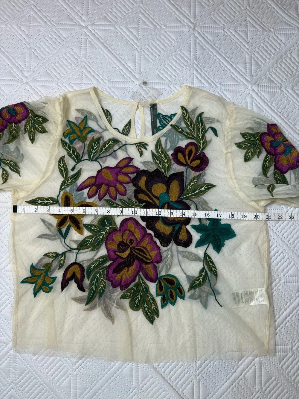 Anthropologie The Layla Floral Mesh Puff-Sleeve Appliqué Mesh Blouse Size XL